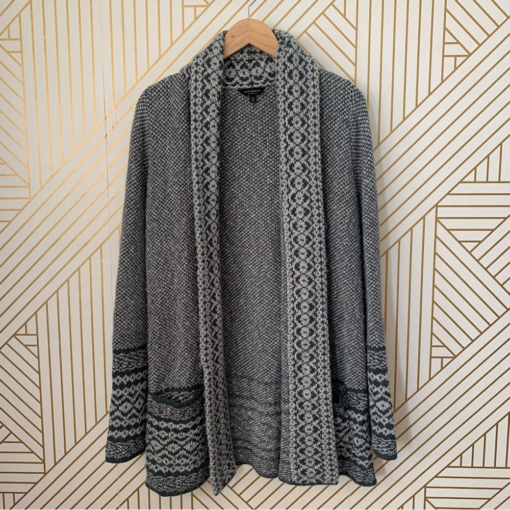 Lucky Brand Fair Isle Striped Geometric Open Front Cardigan Cotton blend Gray M